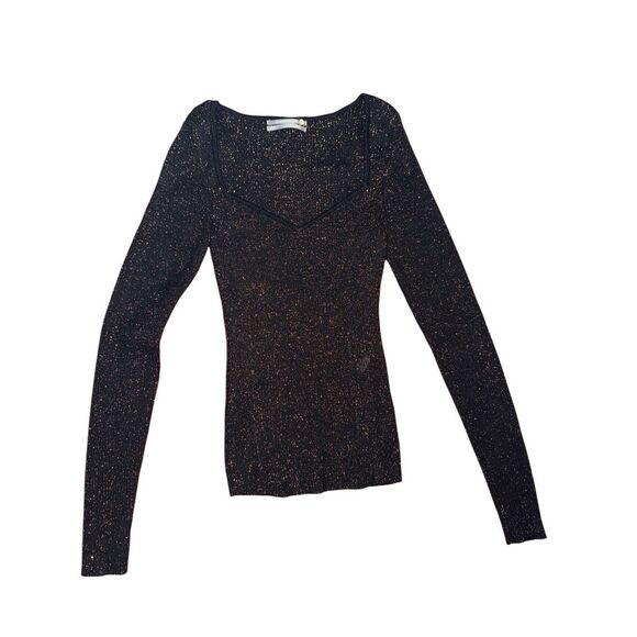 A by Anthropologie Black/Gold Metallic Lures Sweetheart Neck Ribbed Sweater Sz X - Picture 1 of 10